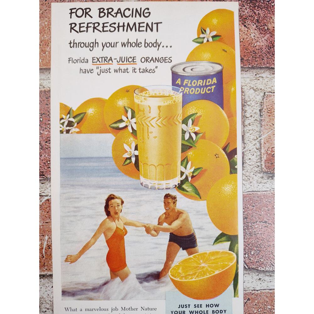 1950 Florida Orange Juice Playful Couple Beach‎ Vtg Print Ad Bracing Refreshment